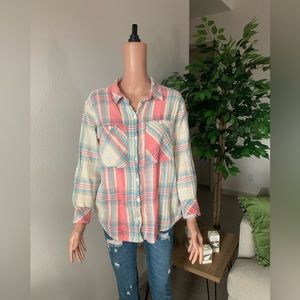 Sanctuary Plaid Blue and Pink Button Up Long Sleeve
